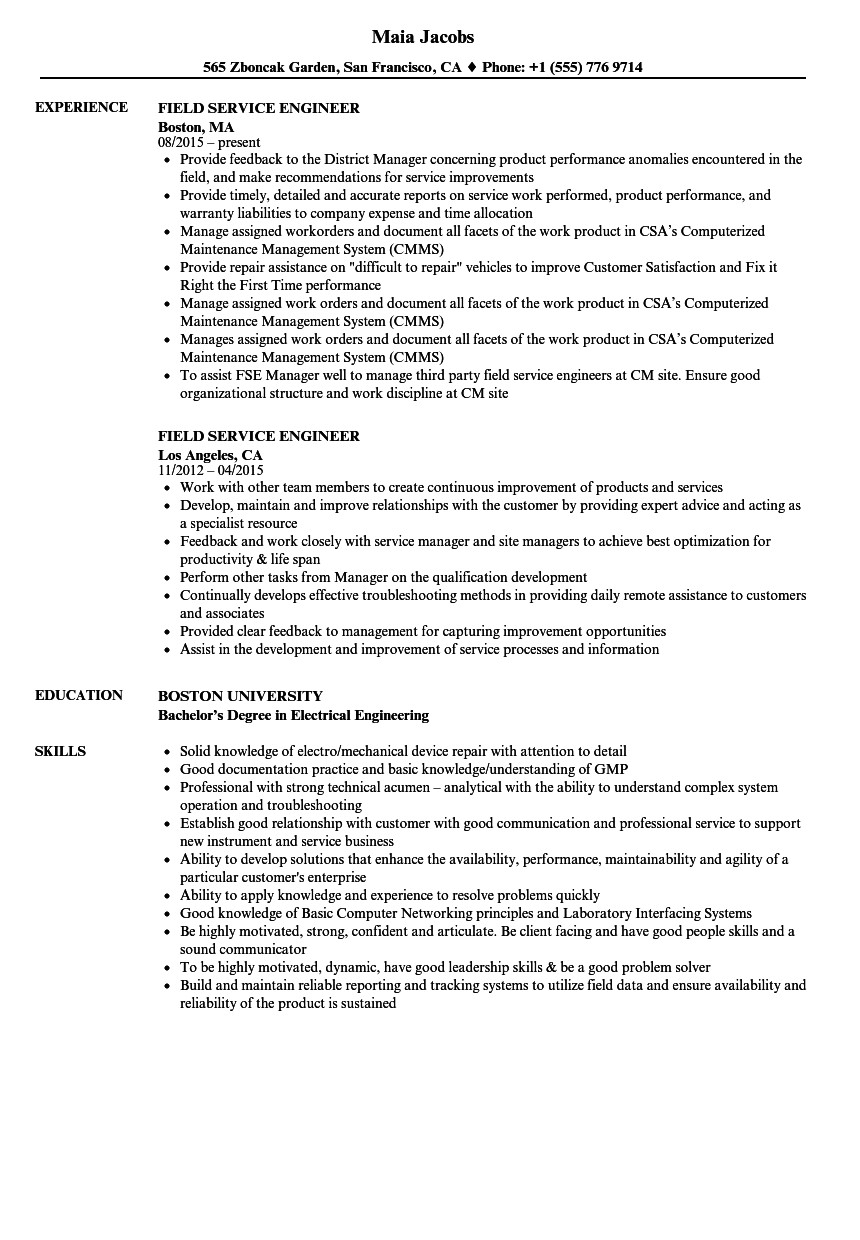 Service Engineer Resume Field Service Engineer Resume Samples Velvet Jobs