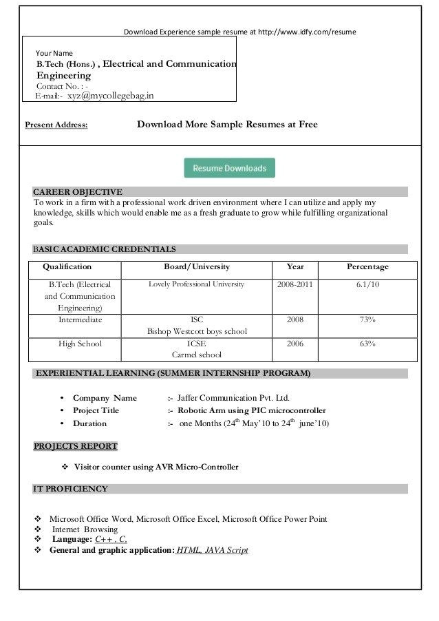 Simple Resume format for Freshers In Word File ...