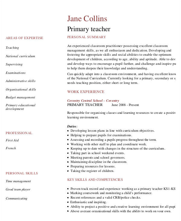 Simple Resume format for Primary Teachers 29 Basic Teacher Resume Templates Pdf Doc Free
