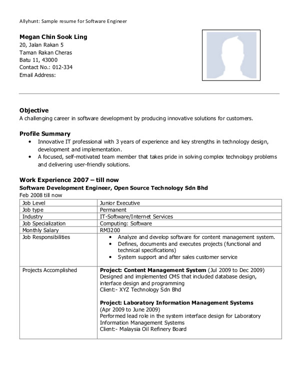 Software Engineer Resume Responsibilities Sample software Engineer Resume 8 Examples In Word Pdf