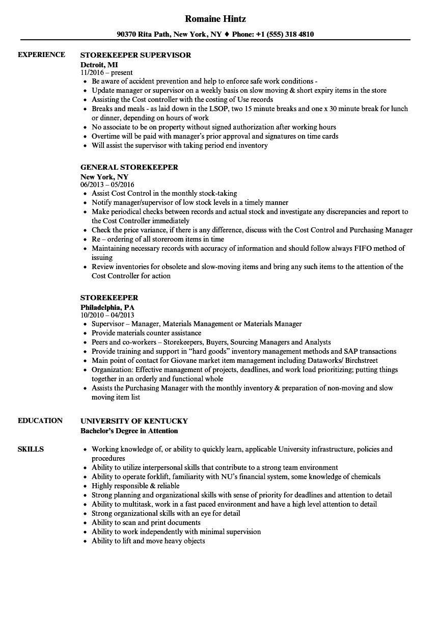 store keeper job resume format