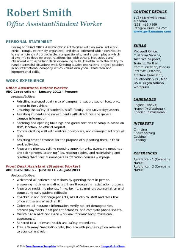 Student Helper Resume Student Worker Resume Samples Qwikresume