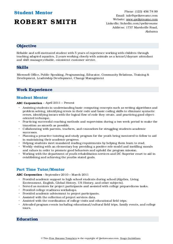 Student Mentor Resume Mentor Resume Samples Qwikresume