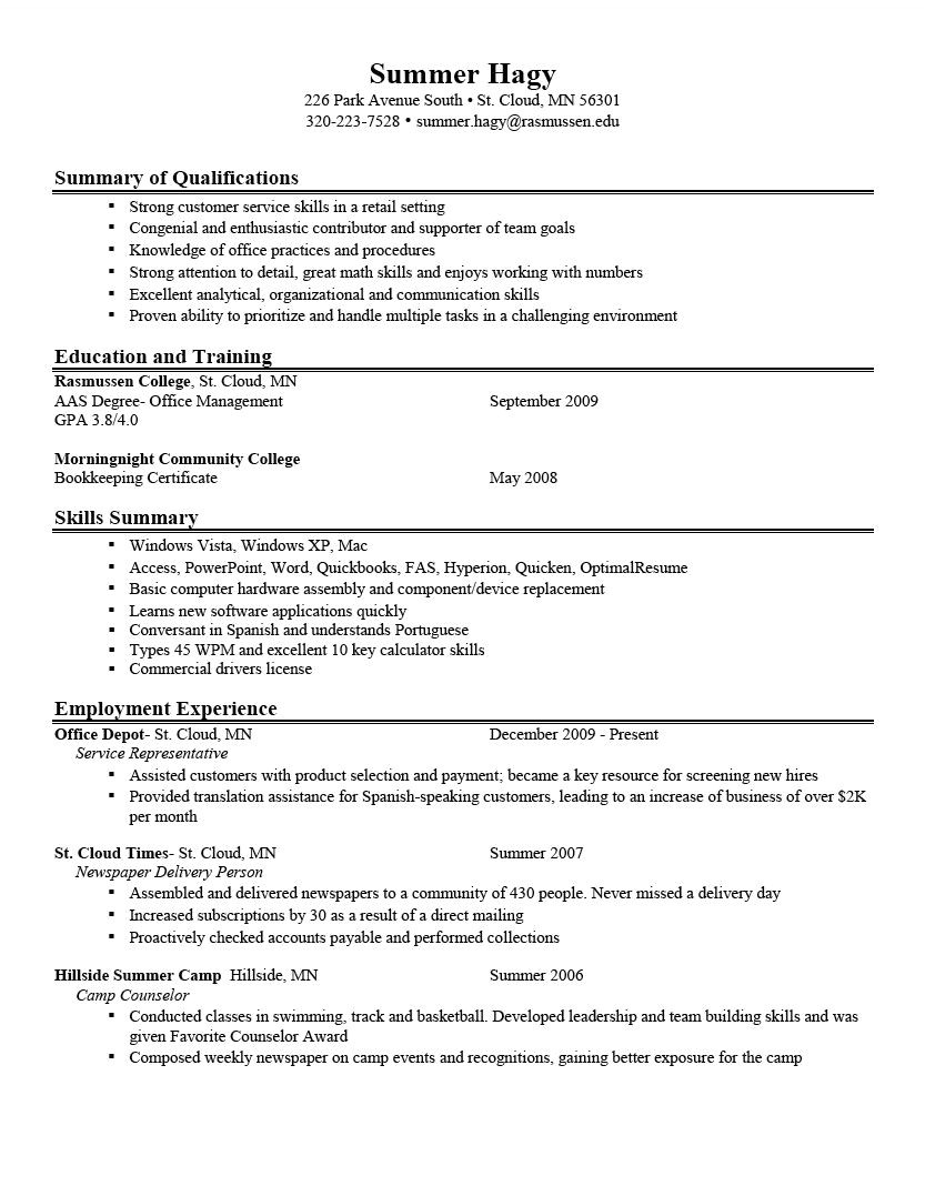 Student Resume Objective Examples For College Williamson ga us