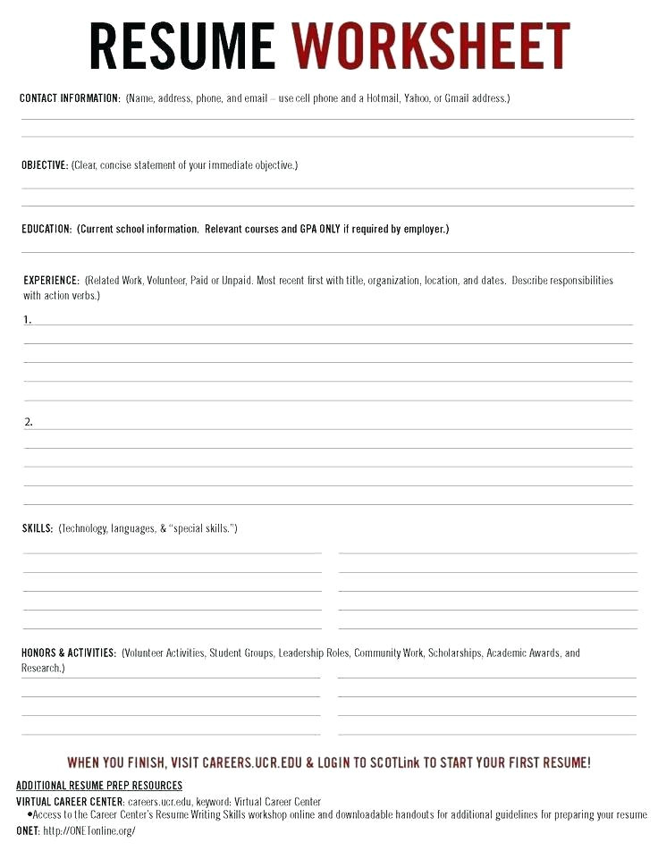 Student Resume Worksheet Resume Writing Worksheets for Highschool Students