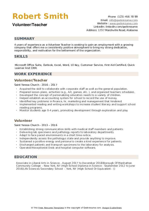 Student Teacher Volunteer Resume Volunteer Teacher Resume Samples Qwikresume