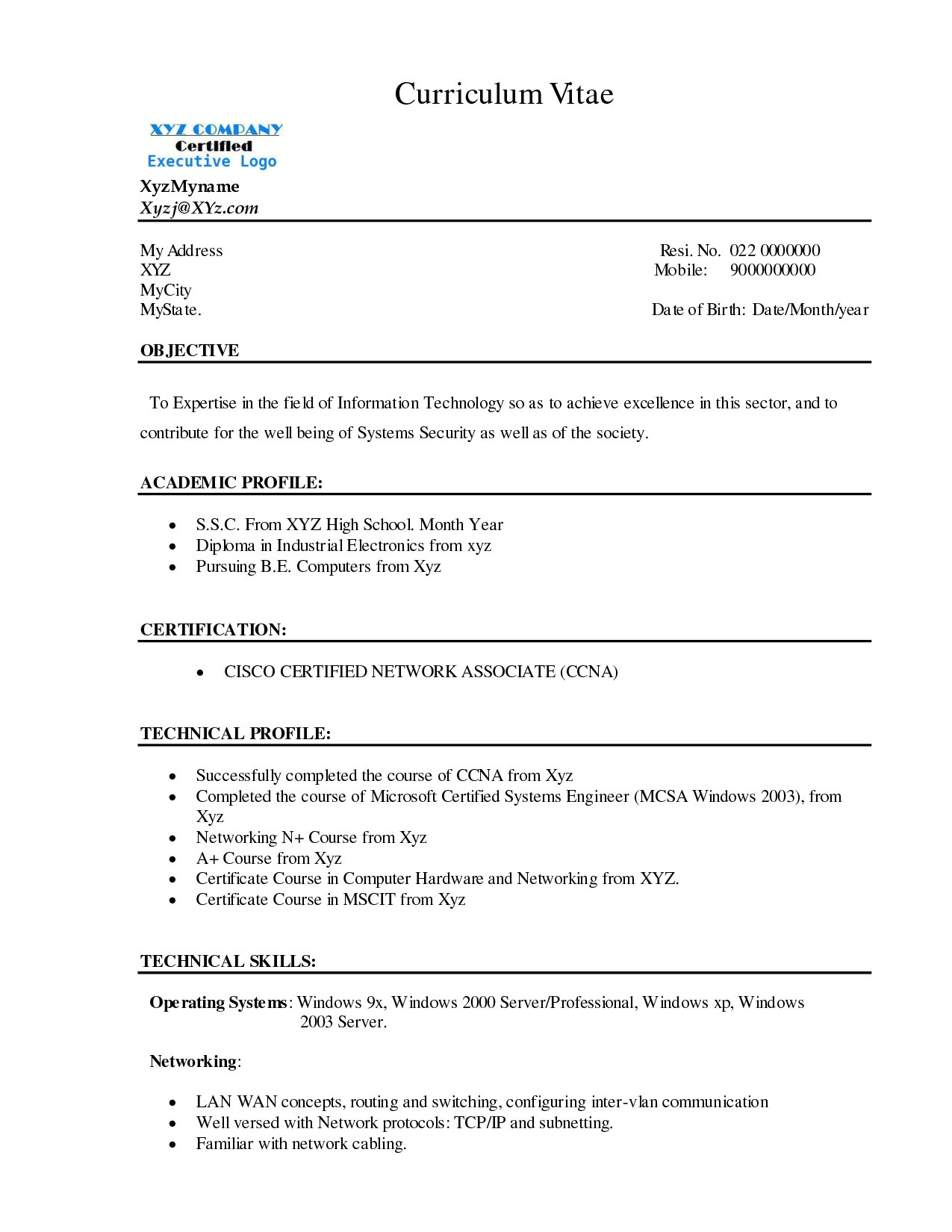 System Administrator Fresher Resume format Linux Fresher Resume format ...