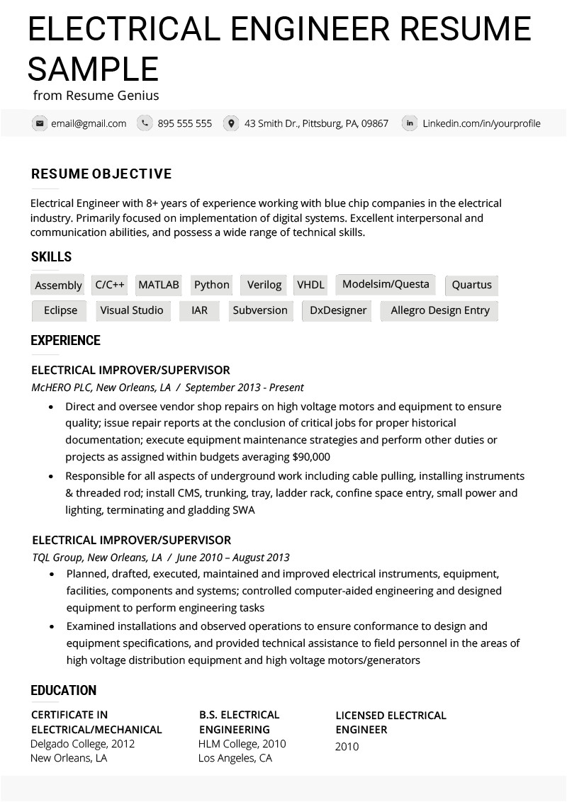 Technical Skills for Electrical Engineer Resume Electrical Engineer Resume Example Writing Tips Resume