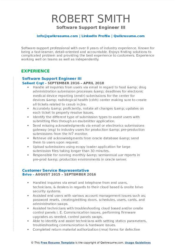 Technical Support Engineer Resume Pdf software Support Engineer Resume Samples Qwikresume