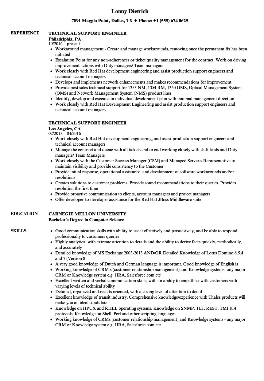 Technical Support Engineer Resume Technical Support Engineer Resume Samples Velvet Jobs