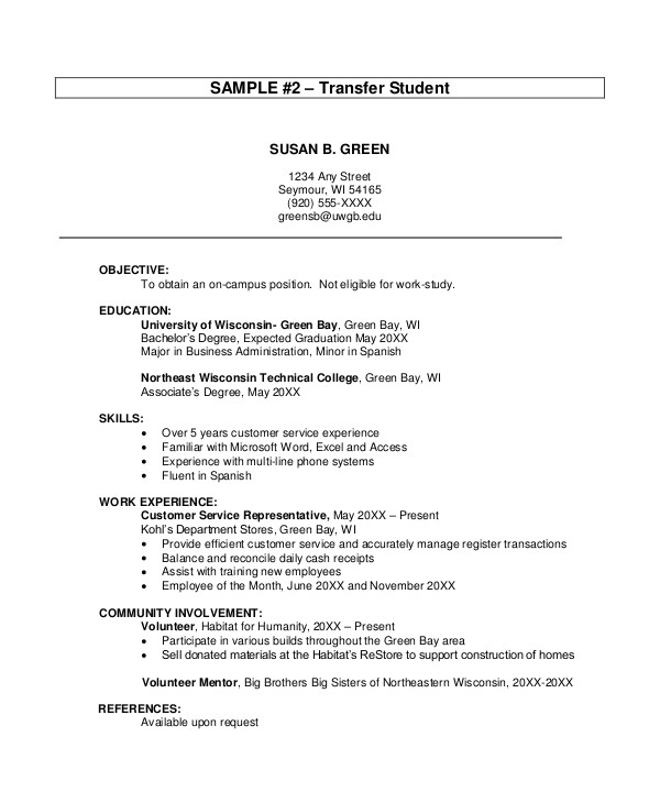 Transfer Student Resume Student Resume Example 7 Samples In Word Pdf ...