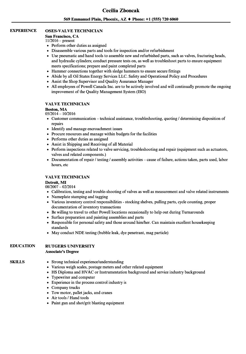 Valve Technician Resume In Word format Valve Technician Resume Samples Velvet Jobs
