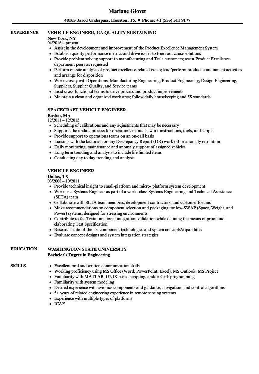 Vehicle Testing Engineer Resume Vehicle Engineer Resume Samples Velvet Jobs