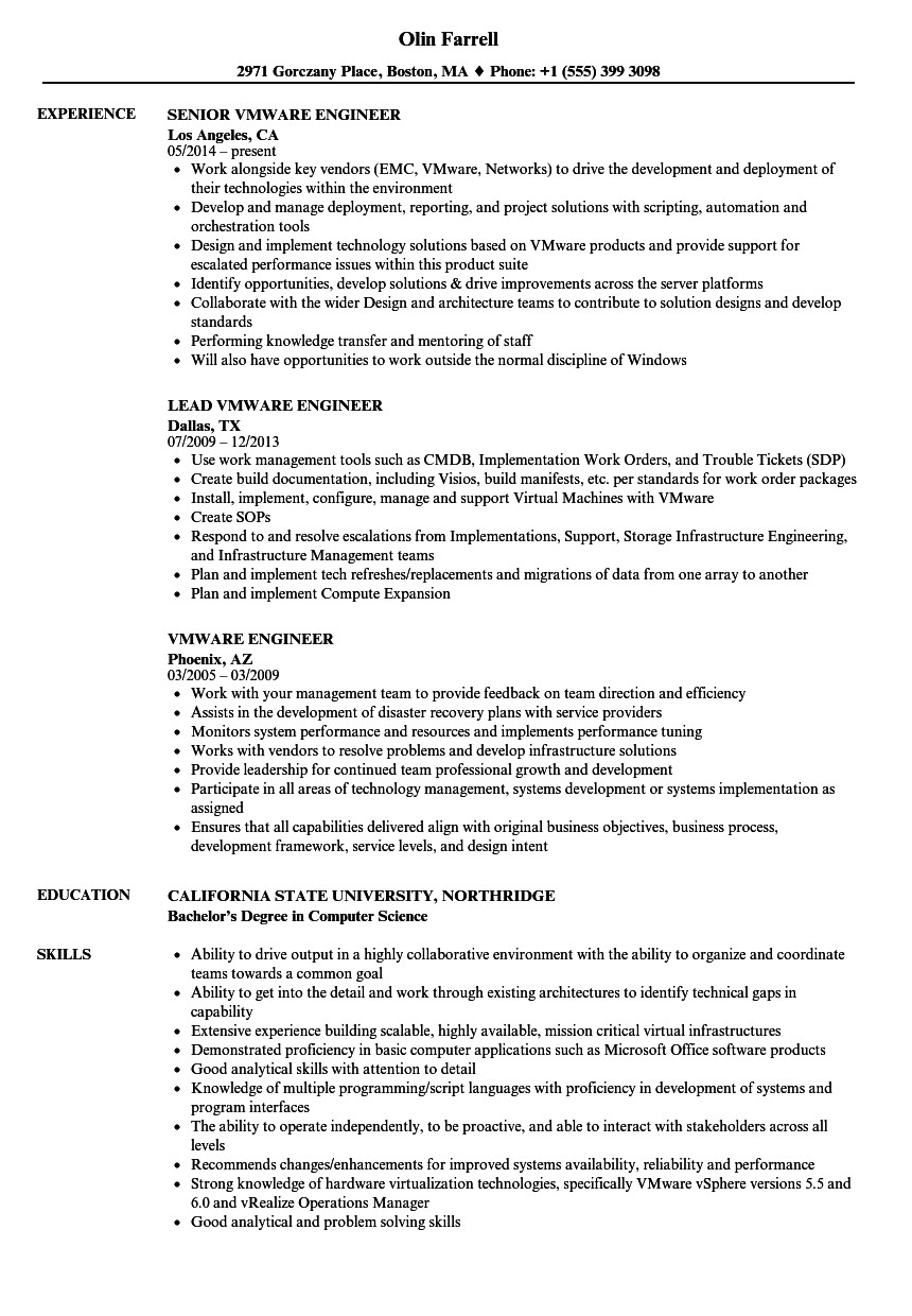 Vmware Engineer Resume Vmware Engineer Resume Samples Velvet Jobs