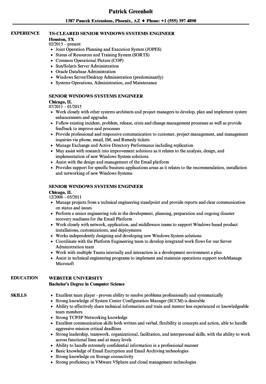 Windows System Engineer Resume Senior Windows Systems Engineer Resume Samples Velvet Jobs