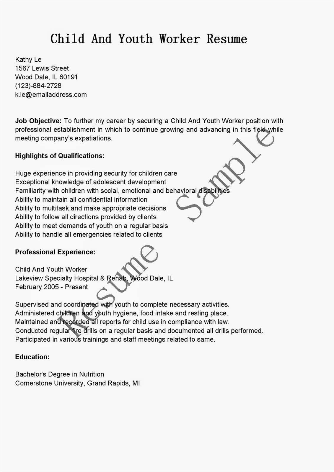Youth Sample Resume Resume Samples Child and Youth Worker Resume Sample