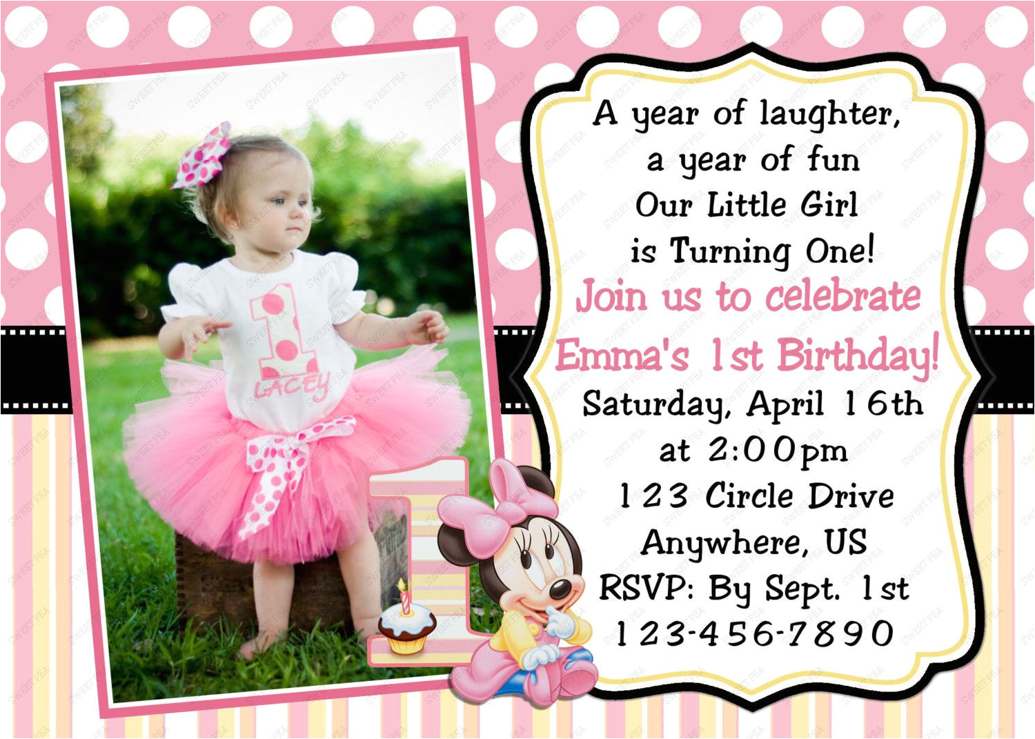 1st Birthday Invitation Card for Baby Girl Minnie Mouse Invitations 1st Birthday with Images