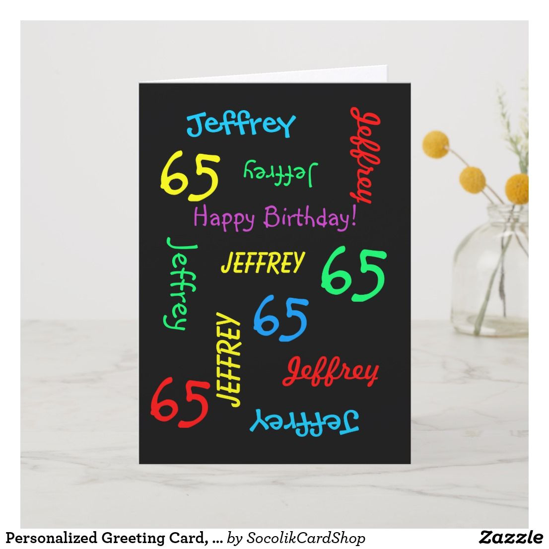Birthday Greeting Card with Name Personalized Greeting Card Black 65th Birthday Card