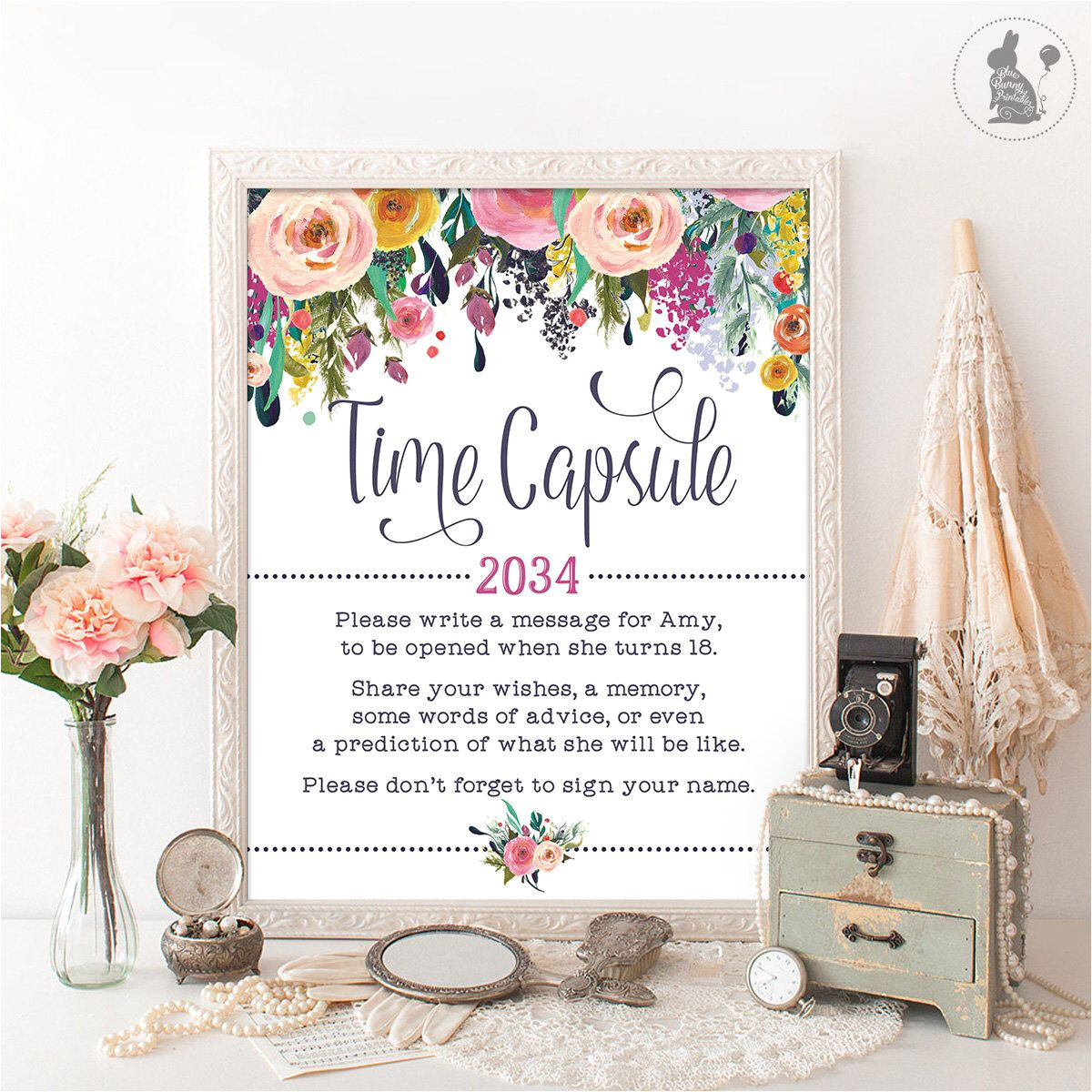 card-message-for-1st-birthday-time-capsule-floral-baby-shower-table