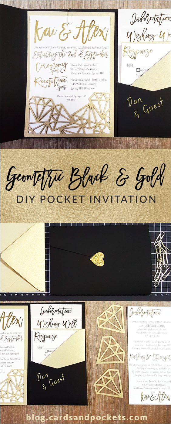 Diy Invitation Card for Debut My Diy Story Geometric Black Gold Foil Pocket Invitation