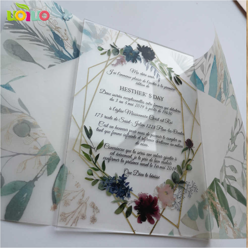 Greeting Card Materi Kelas 8 5pcs Hot Sell 2020 Wedding Favor Customize Printing Acrylic Wedding Invitation Card Birthday Card with Transparent Paper Wrapper