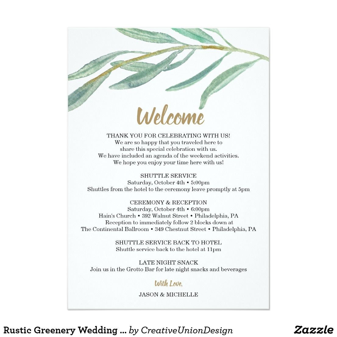 Late Thank You Card Wording Wedding Rustic Greenery Wedding Itinerary Wedding Welcome Program