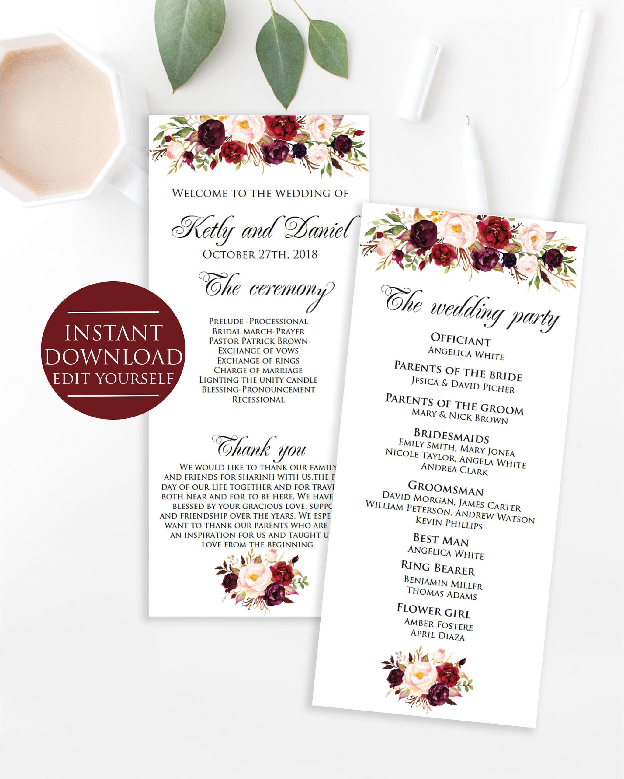 Ring Bearer Thank You Card Wording Wedding Program Template Marsala Wedding Template Marsala