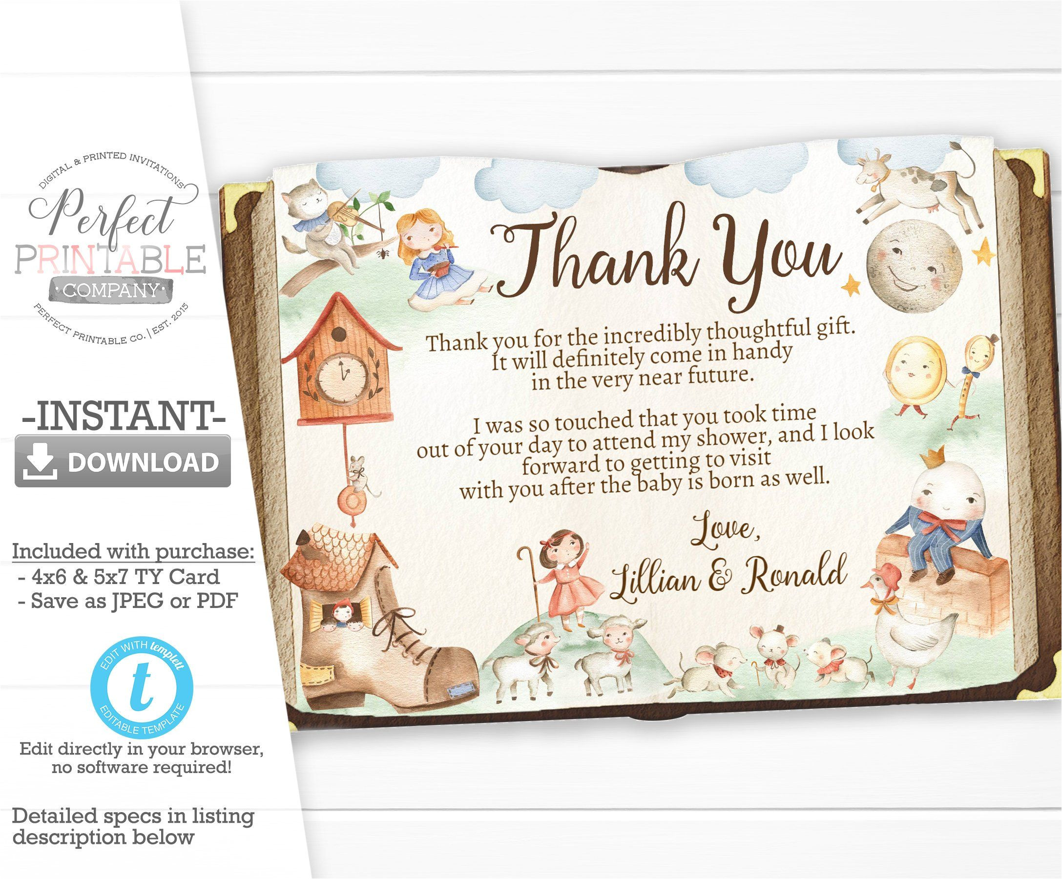 Thank You Card Birthday Template Nursery Rhyme Baby Shower Thank You Card Mother Goose Thank