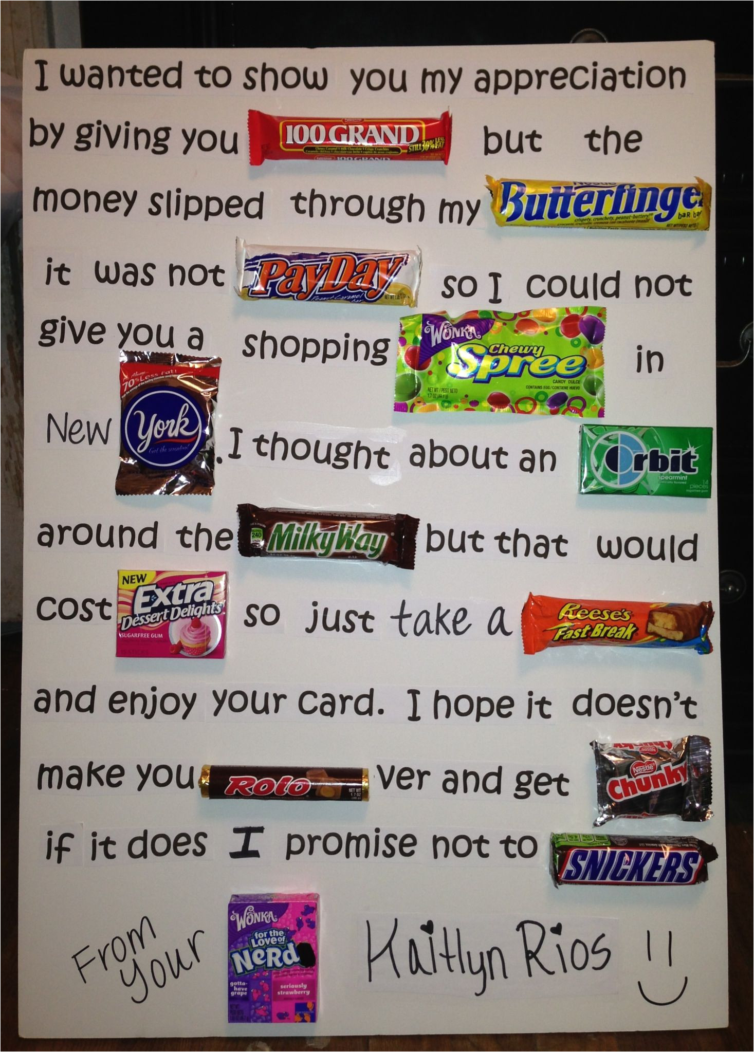 Thank You Card Using Candy Bars Candy Inspired Teacher Appreciation Poem Maybe Have