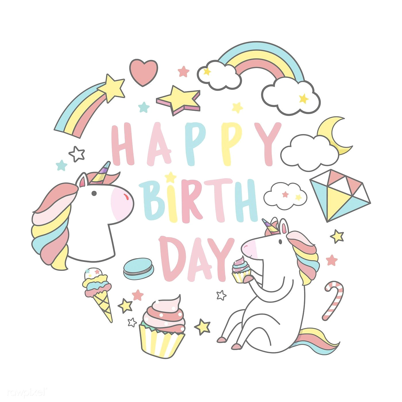 Unicorn Happy Birthday Card Printable Happy Birthday Unicorn with Magic Elements Card Vector