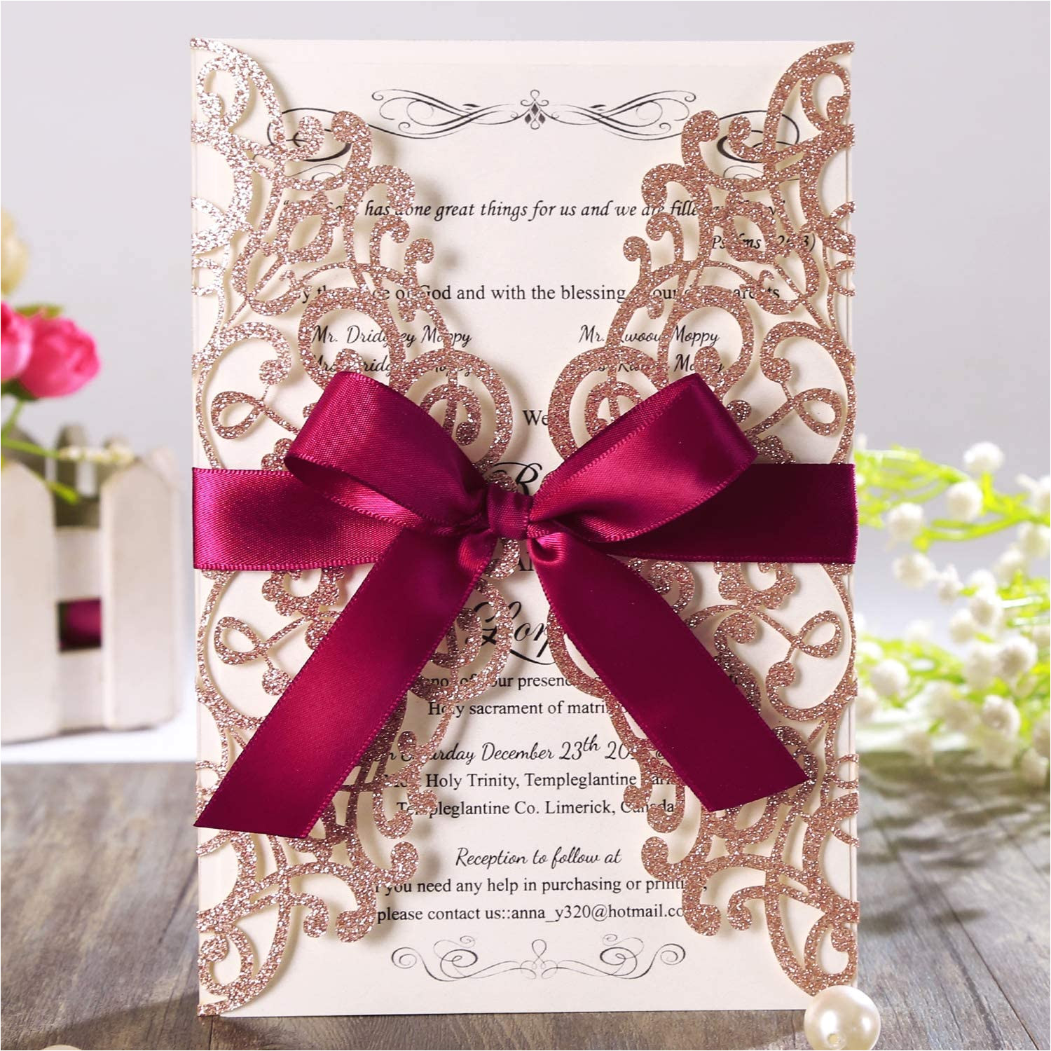 Wedding Card Laser Cutting Machine Hosmsua 20x Laser Cut Lace Rose Drill Wedding Invitation Cards 5 X 7 2 with Burgundy Ribbon and Envelopes for Bridal Shower Engagement Birthday