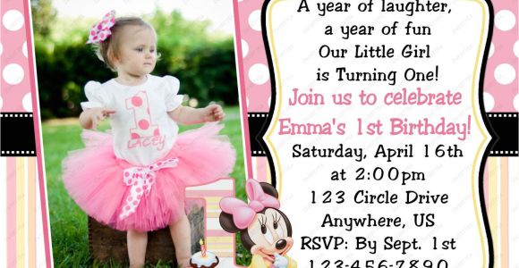 1 Year Birthday Invitation Card Minnie Mouse Invitations 1st Birthday with Images