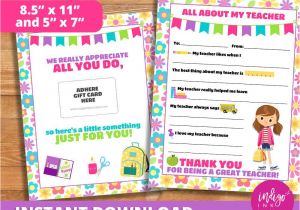 5 X 7 Thank You Cards Teacher Appreciation Gift Instant Download All About My