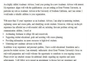 Academic Advisor Cover Letter Templates 6 Sample Academic Advisor Cover Letters Sample Templates