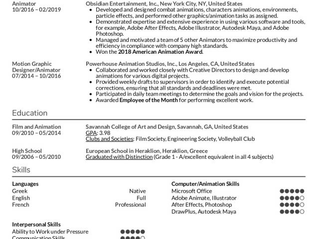 Animation Student Resume Resume Examples by Real People Animator Resume ...