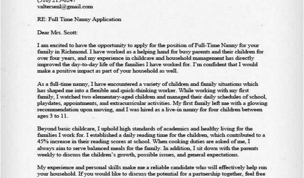 applying for a nanny position cover letter