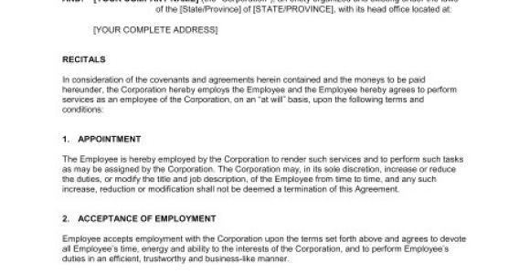 At Will Employment Contract Template Employment Agreement at Will Employee Template Sample