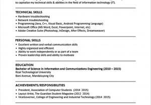 Basic Networking Skills for Resume Sample Resume format for Fresh Graduates One Page format