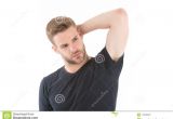 Beautiful and Handsome Person Cue Card Man touch Thinking isolated On White Guy with Beard On