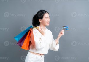 Beautiful Person Cue Card Follow Ups Beautiful asian Woman with Shopping Bags and Showing