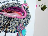 Belated Happy Birthday Card with Name Flamingo Party Animals Handmade Birthday Card Katie Clement Illustration