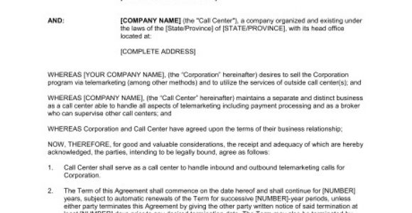 Call Center Agent Contract Template Call Center and Telemarketing Agreement Template