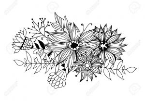 Card Flower Black and White Doodle Bouquet Od Flowers and Leaves On White Background Template