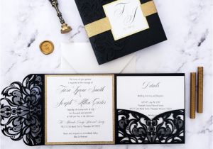 Card Thickness for Wedding Invitations Black Gold Laser Cut Invite Art Deco Wedding Invitation Laser Cut