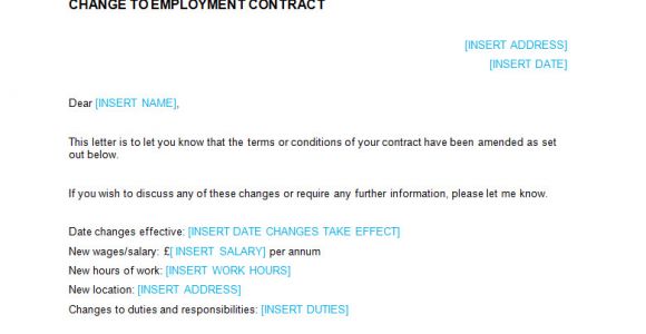 Change Of Contract Letter Template Employment Contract Notification Of Change Letter