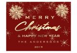 Christmas and New Year Card Merry Christmas Happy New Year Snow Gold Burgundy Postcard
