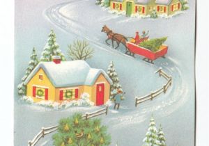 Christmas In New Home Card Vintage Greeting Card Christmas Winter Scene Houses Horse