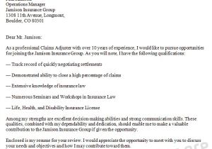 Claims Representative Cover Letter Claims Adjuster Cover Letter Sample