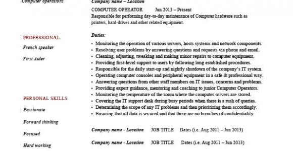 Computer Operator Resume format Word Computer Operator Resume It Job Description Example