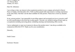 Cover Letter as A Receptionist Receptionist Cover Letter Template
